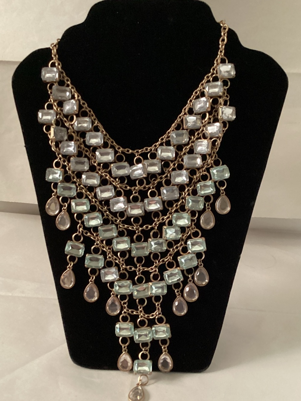 Multi-Tier Gold Statement Necklace with Clear and Pale Blue acrylic beads